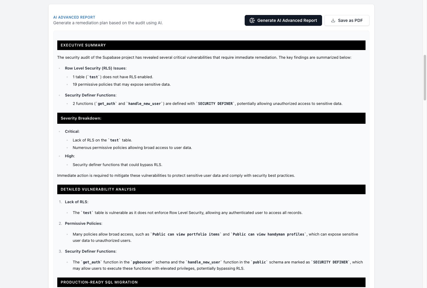 AI-generated security report with SQL fixes